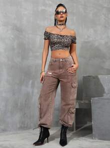 Quần jean denim rách có cúc có nhiều túi, để mặc thường ngày - Cà phê nâu - Xem 7