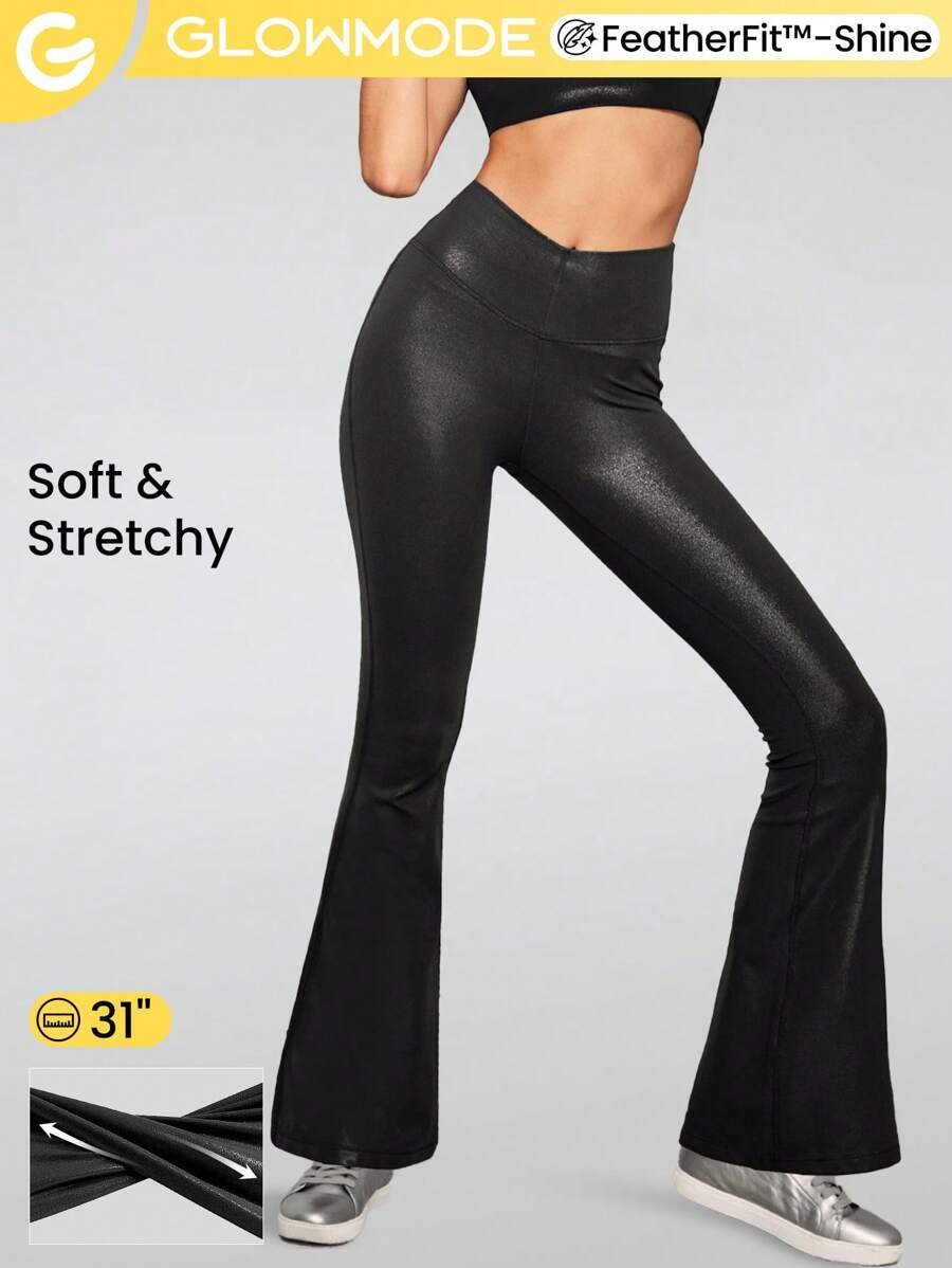 GLOWMODE 31" Foiled Leather Effect V-Shaped Waist Flared Brushed Sports Leggings - Black - View 1