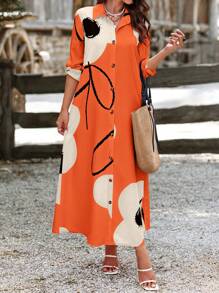 EMERY ROSE Women's Holiday Casual Random Printed Button-Down Shirt Dress Maxi Women Outfit