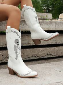 女式西部牛仔靴 V 形骷髅头中筒尖头粗跟时尚靴子，女牛仔靴 - 白色 - 查看 6