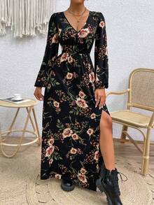 Breezaya Floral Printed Long Sleeve Split Dress Maxi Women Dresses Long  Floral  Dress  Teacher Clothes