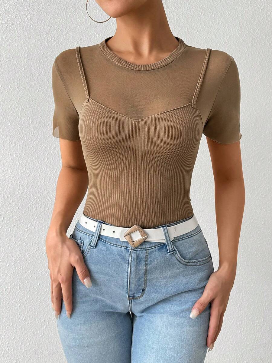 Chiquease 女士純色簡約休閒短袖T恤 - 棕色 - 查看 1