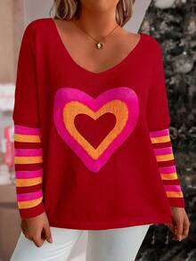 Calvaya Áo Len Nữ Cổ Chữ V Plus Size Họa Tiết Hình Trái Tim - Đỏ - Xem 5