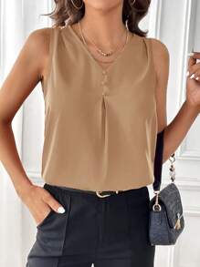 SHEIN Essnce Áo Sơ Mi Nữ Cổ Chữ V Không Tay Trang Trí Nút Mùa Hè - Lạc đà - Xem 3