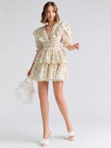 Enchnt 小花印花荷葉邊襯托泡泡袖裙 - 杏色 - 查看 5