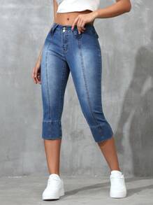 SHEIN EZwear 斜口袋修身腳踝七分牛仔褲，適合日常穿著 - 中等水洗藍 - 查看 4