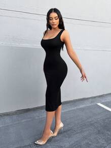 Zolique Robe longue d'été élégante pour femme, coupe ajustée, dos avec bretelles, sans manches, couleur unie