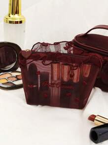 1pc Heart Pattern Makeup Bag L/S Size Mesh Fabric Love Embroidered And Lace Trimmed Cosmetic Bag With Ruffle Edge And Handle Makeup Bag Storage Makeup Organizer Makeup Case Frill Pattern Cosmetic Bag Embroidery And Lace Detail, Charming Handheld Cosmetic Pouch For Wedding Gift, Gift, Friend Gift, Bridesmaid Gift, Her, Birthday Gift Makeup Bags Make Up Organizer Makeup Storage