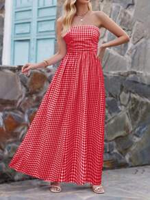 SHEIN Clasi Gingham Print Shirred Strapless Dress For Summer - Red - View 3