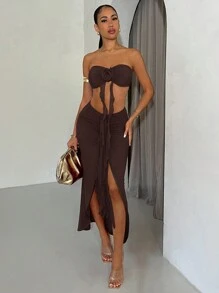 SHEIN BAE Summer Vacation Style Strapless Slit Dress And Top Set For Women's Date