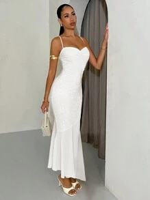 SHEIN BAE 夏季女士純色修身魚尾蕾絲肩帶連衣裙，適合畢業典禮或婚禮伴娘 - 白色 - 查看 3