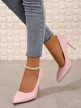 2025秋冬季10厘米尖头细高跟女鞋，优雅宴会/工作镜面浅粉色礼服鞋，适合婚礼、派对、夜店等场合，尽显优雅气质。