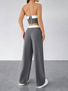 SHEIN PETITE Contrast Trim Tube Top & Straight Leg Pants - Grey - View 2