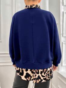 SHEIN Cottnline Leopard Print Plus Size Spliced 2 in 1 Sweatshirt - Blue - View 2