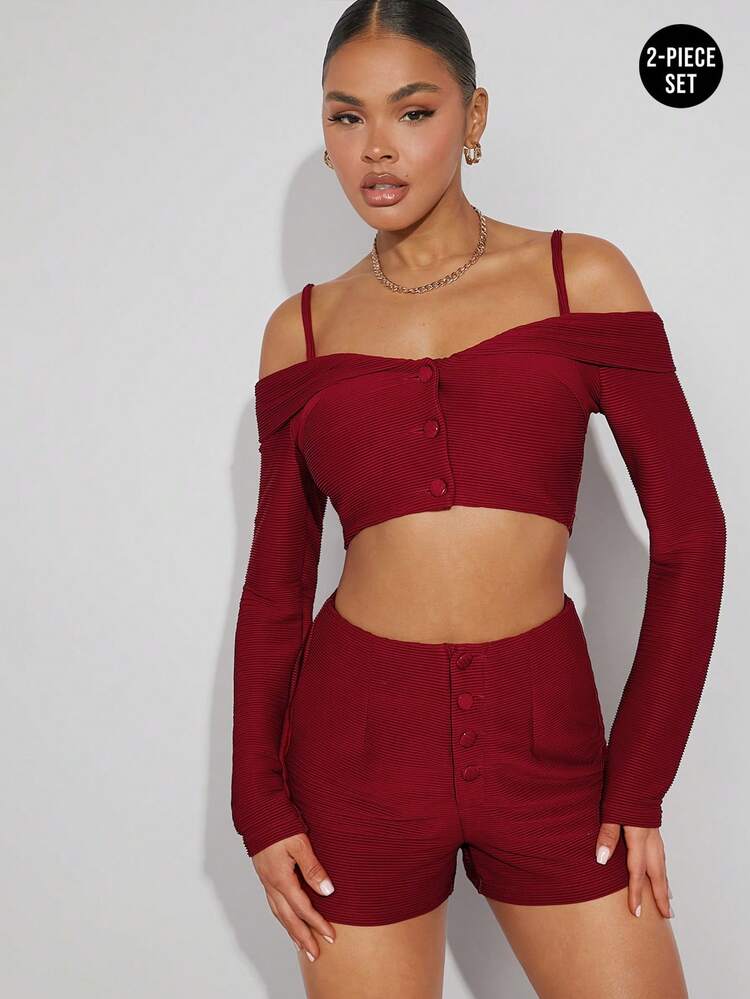 Button Foldover Crop Top & Shorts Two Pieces Set