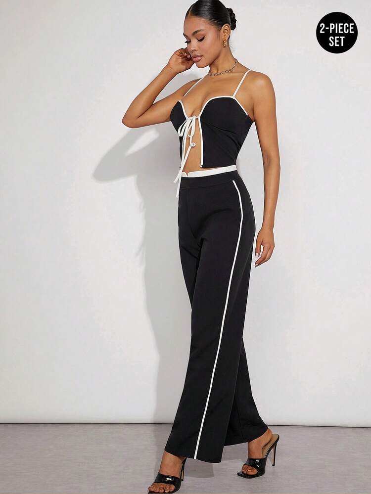 Contrast Tie Front Top & Pants Two Piece Set