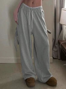 DAZY Pantalon de jogging ample gris ample à large jambe et nœud papillon sur le côté pour femmes, pour un port quotidien - Gris - Voir 7