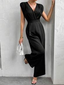 SHEIN Privé 女性時尚性感成熟淑女V領連身褲，歐美風格，夏季新款純色無袖褶裙連體褲 - 黑色 - 查看 5