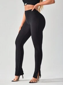SHEIN SXY Mallas negras casuales transpirables con alta elasticidad, cintura alta, apertura de pierna dividida, levantamiento de glúteos, leggings deportivos largos - Negro - Ver 3