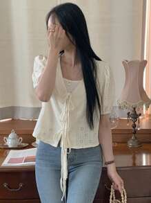 DAZY Women's Solid Color Simple Daily Short Sleeve Tie Knot T-Shirt