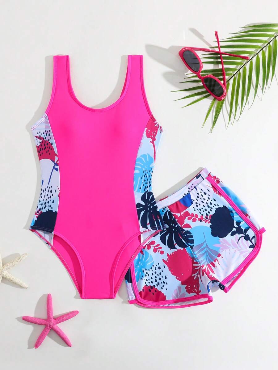 SHEIN Tween Girl Swimsuit/One-Piece Swimsuit/Printed With Ruffles/ 2pcs Set - Multicolor - View 1