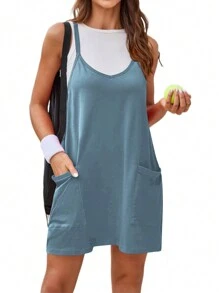 Easithlete Women's 2 In 1 Sporty Dress With Pockets - Dusty Blue - View 4