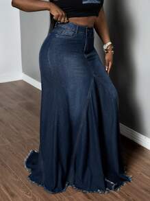 Slaydiva High Waist Raw Trim Mermaid Hem Denim Skirt - Dark Wash - View 4