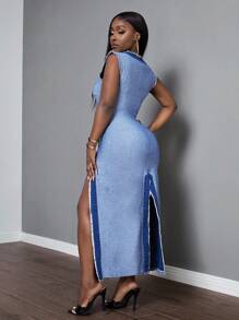 Slaydiva Raw Trim Split Thigh Denim Dress For Summer - Light Wash - View 7