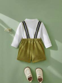SHEIN Baby Boys Bow Front Shirt & Suspender Shorts - Green - View 2
