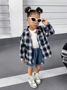 SHEIN Camisa Xadrez de Manga Longa para Meninas na Primavera/Verão, Conjunto Solto Casual com Regata Vazada e Shorts