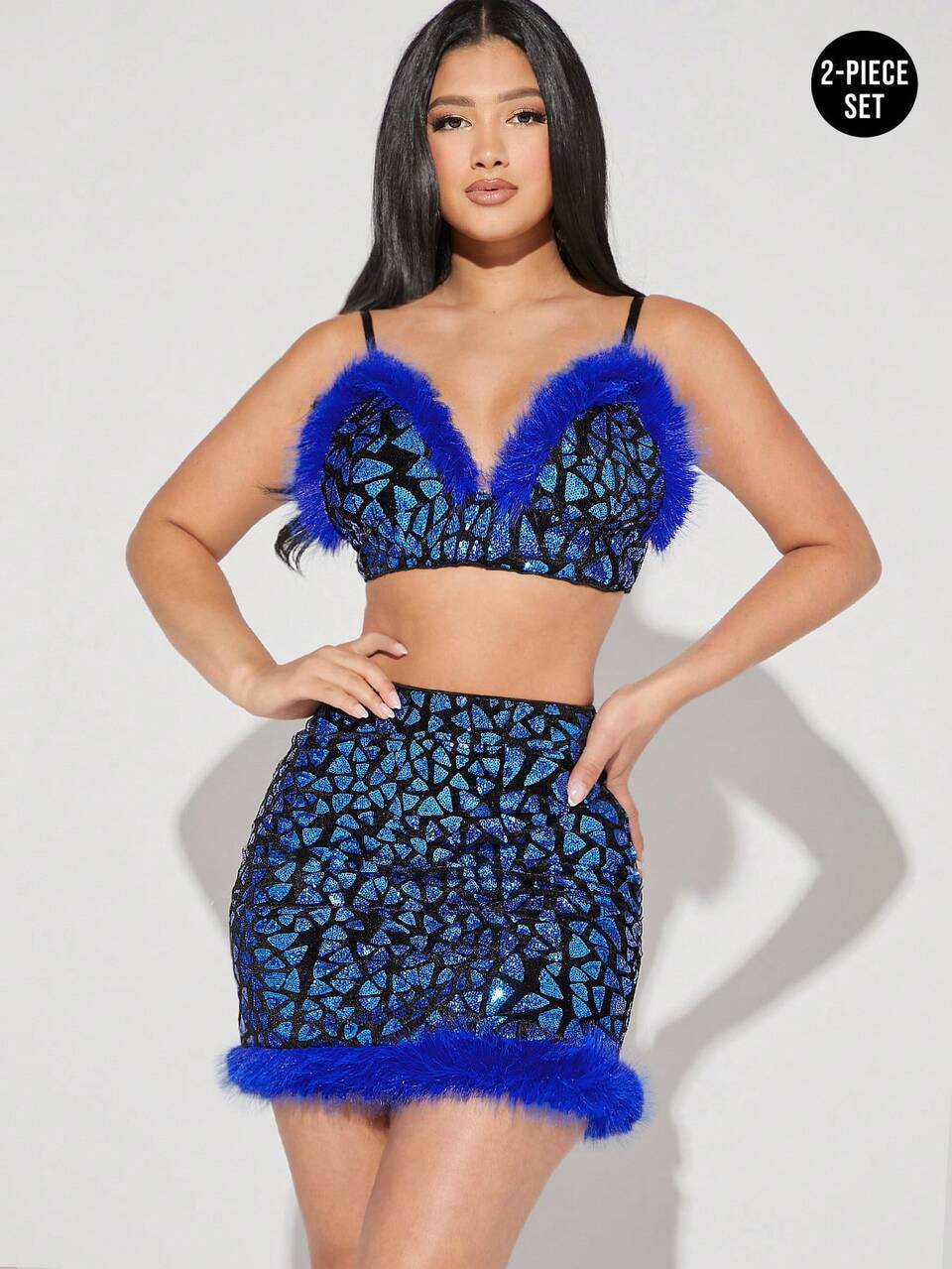 Fuzzy Trim Geo Sequin Top & Skirt Two Pieces Set