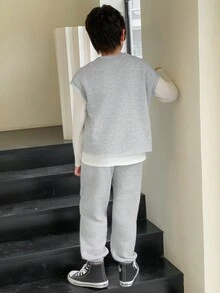 SHEIN Bộ 3 món áo vest, áo phông và quần rộng rãi cho bé trai Tween cho mùa xuân thu - Xám - Xem 2