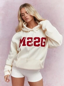 MISSGUIDED Logo thêu len Áo hoodie cỡ lớn có dây rút - Màu be - Xem 1
