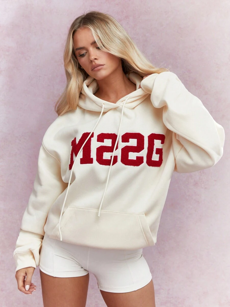 MISSGUIDED Logo thêu len Áo hoodie cỡ lớn có dây rút - Màu be - Xem 1