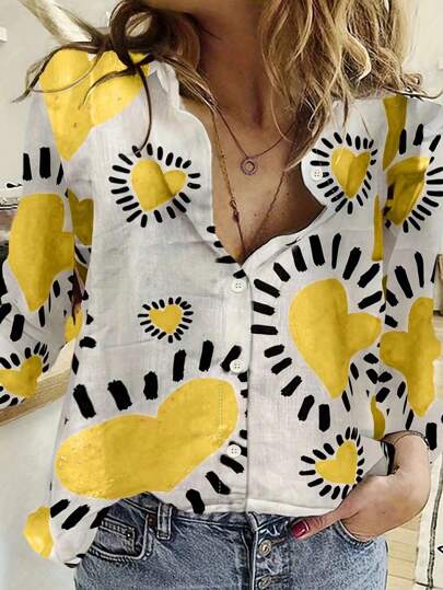 Spring & Summer New Romantic Heart Print Lapel Loose Casual Soft Long Sleeve Women Blouse, Holiday & Valentine's Gift