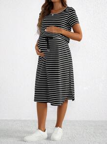 SHEIN Maternity Summer Round Neck Short Sleeve Striped Waist-Tied Casual Nursing Dress - Black and White - View 8