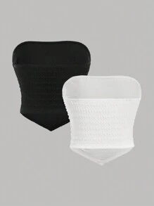 SHEIN 少女针织纯色提花黑白可拆卸肩带休闲抹胸 2 件/套 - 黑與白 - 查看 2