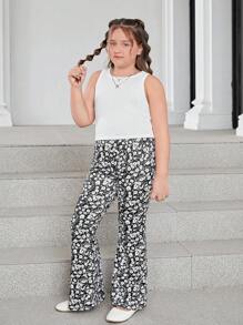 SHEIN Tween Girls Extended Size 2pcs Casual Floral Pattern Sleeveless Round Neck Sweatshirt And Flared Pants Set