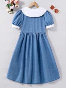 SHEIN 少女藍色牛仔泡泡袖連身裙，具有花卉刺繡和色塊設計 - 彩色 - 查看 2