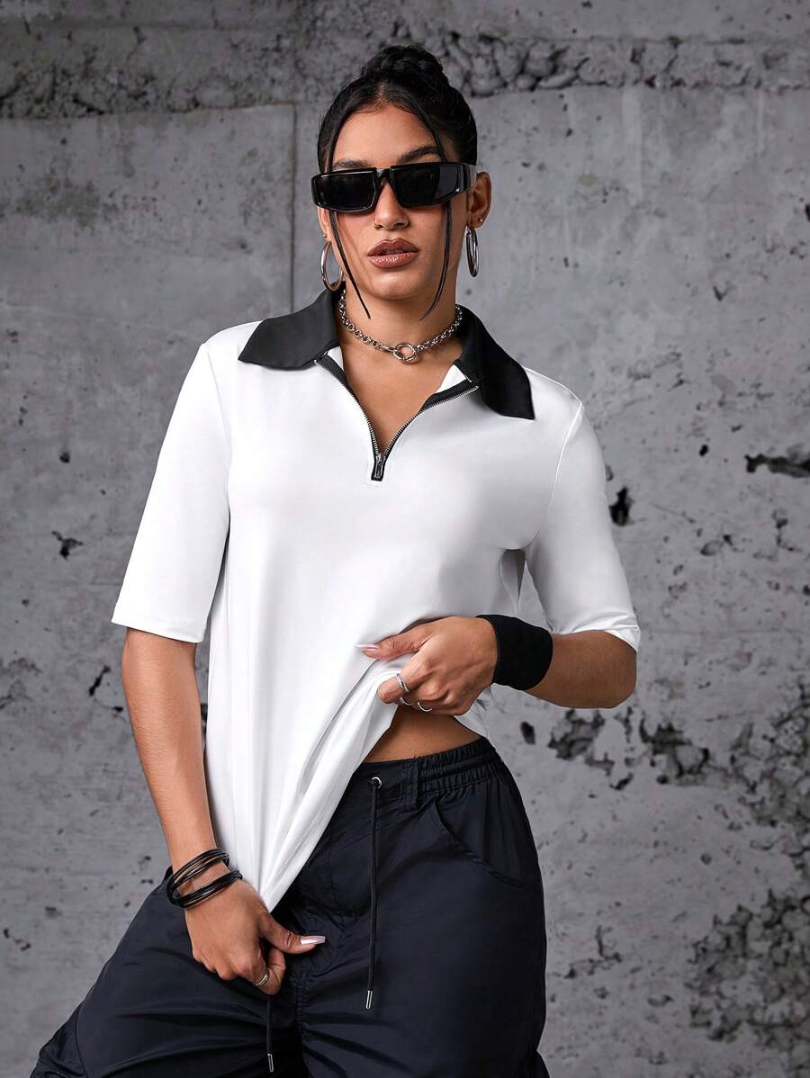 SHEIN Sports T-shirt de sport à quart de zip avec col contrastant pour l'été - Blanc - Voir 1