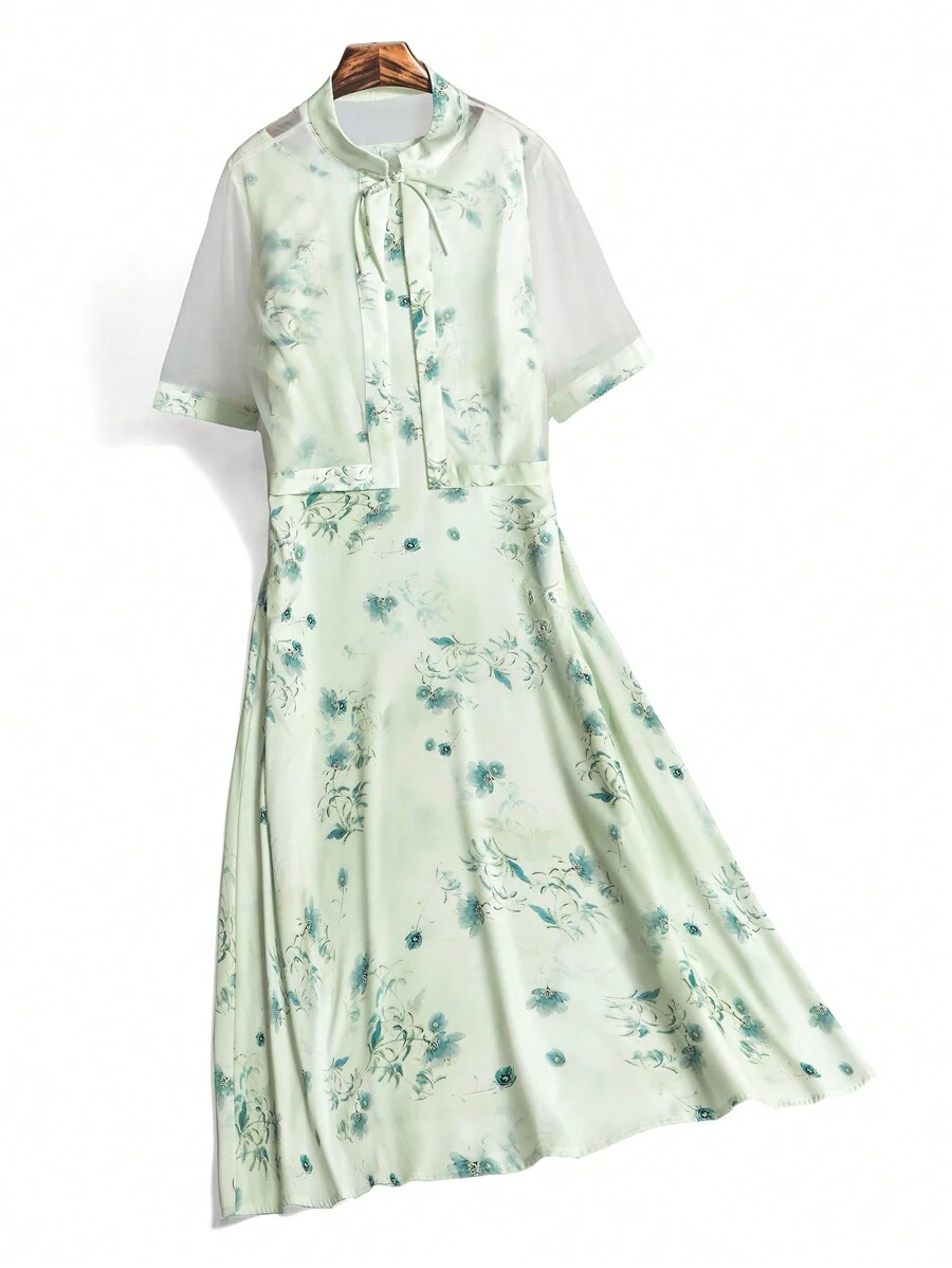 Mulvari Random Floral Printed Plus Size Round Neck Sleeveless Dress And Short Sleeve Cardigan Twinset, Retro Casual Vintage Fashion Loose Dress Spring Summer 2 Pieces Set - Multicolor - View 1