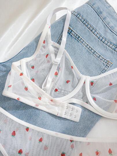 Mesh Strawberry Print Breathable Underwire Verleidelijke BH Triangle Panties (Sexy Underwear Set) Schattige Women Set, Lingerie view 3