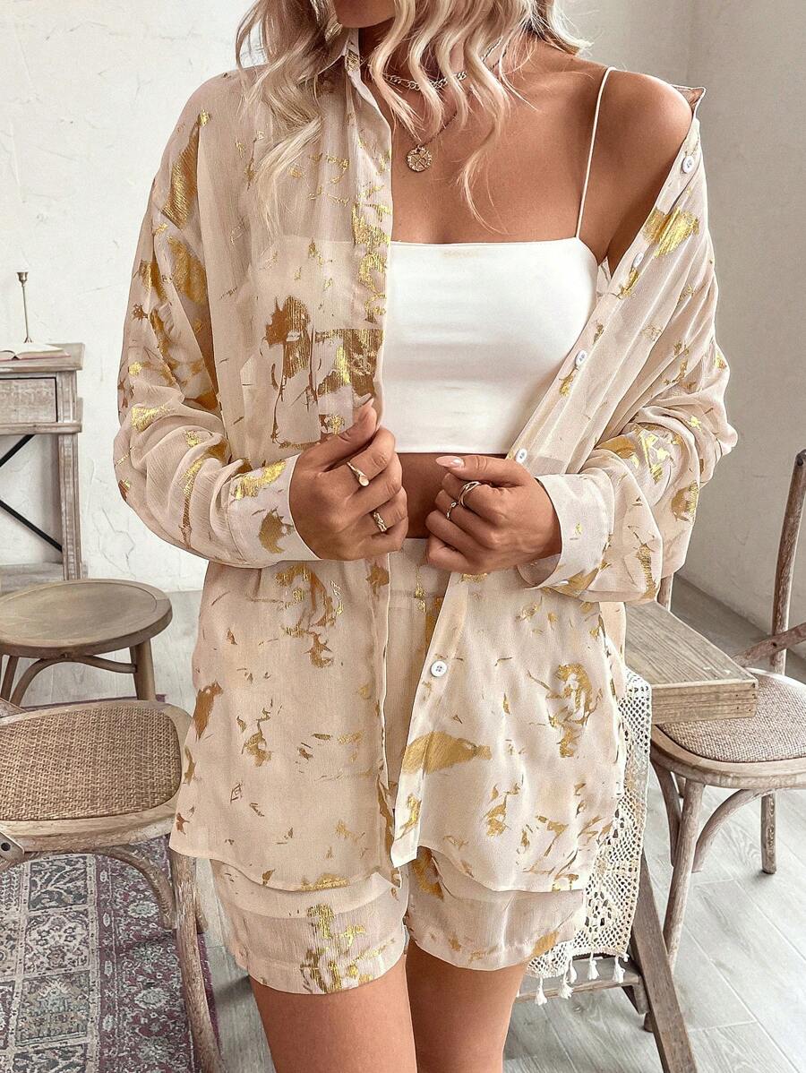 SHEIN LUNE 女式印花簡約日常長袖短褲套裝 - 杏色 - 查看 1