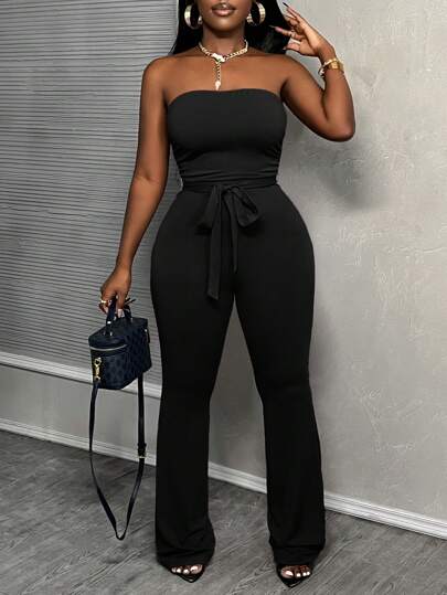 Slaydiva Casual Basic Elegant Purple-Red Waist Belt Strapless Flared Pants Women's Jumpsuit -E