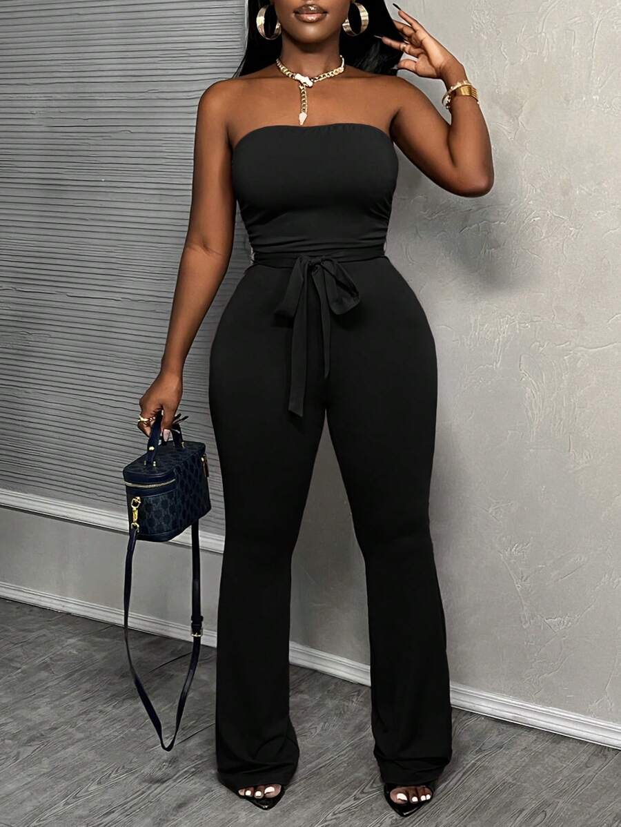 Slaydiva 休閒基礎優雅紫紅色高腰腰帶無肩闊腿褲女士連身褲-E