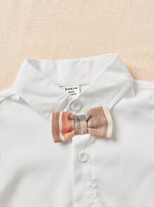 SHEIN 2入組嬰兒男孩紳士風背心和西裝外套，搭配襯衫和吊帶褲套裝，適合外出和正式場合 - 卡其色 - 查看 7