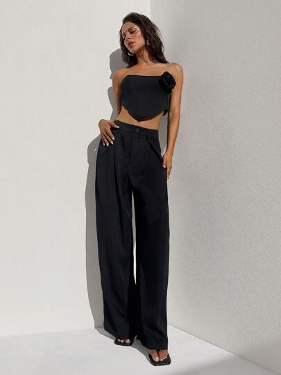 Aloruh 女士3D花朵裝飾不對稱優雅下擺短款筒頂無肩帶背心和褲子套裝，節日服裝套裝，晚禮服，派對套裝，夏季套裝，商務職業兩件套裝