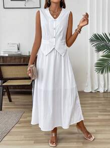 Calvaya Solid Color Front Button Vest Suit Jacket And Skirt Set