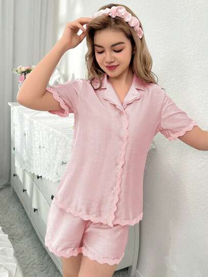 Teen Girls Pajama Set, Pink Solid Shorts And Short Sleeve Casual 2pcs Sleepwear