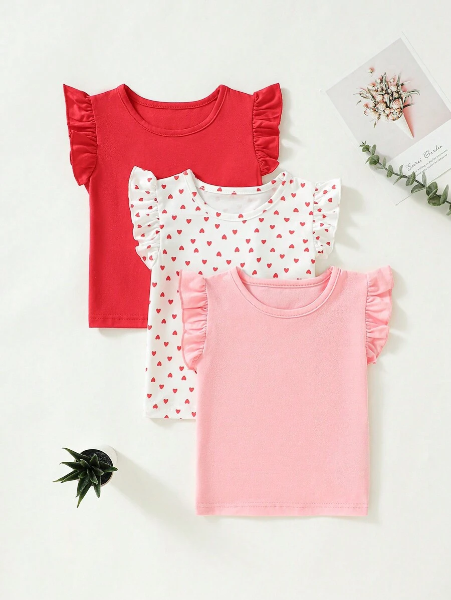 SHEIN 3pcs Baby Girls' Leisure Solid Color & Heart Print Cap Sleeve Tops - Multicolor - View 1